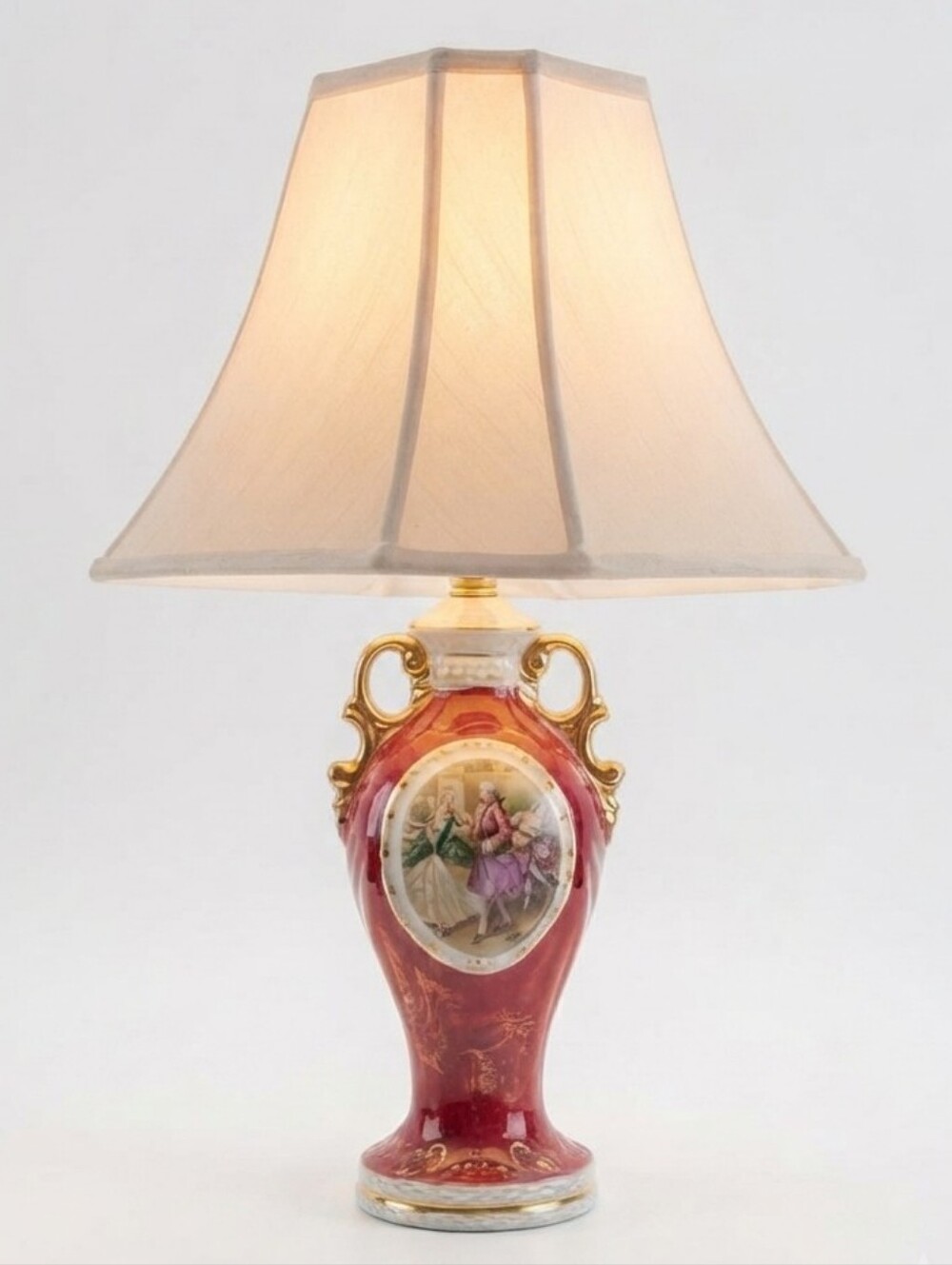 Mid-century Rococo Style Burgundy & Gold Porcelain Figural Urn Table Lamp